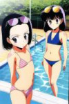 Takagi-san, loli, flat chest, pool, swimming circle, bikini, sunglasses, water reflection, {{1980s (style)}} s-3426787319.png