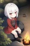 loli, child, ruinic clothes, runic tattoo, white hair, red eyes, sitting on stone, night, forest, campfire, from above s-2204731897.png