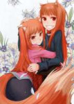 e-shuushuu.net - 269476 - Spice and Wolf - Horo - ahoge blush fang flower hug ookami mimi pants smile tail.png