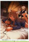 e-shuushuu.net - 269595 - Spice and Wolf - Horo Craft Lawrence - barefoot bed blush ookami mimi smile tail.jpg